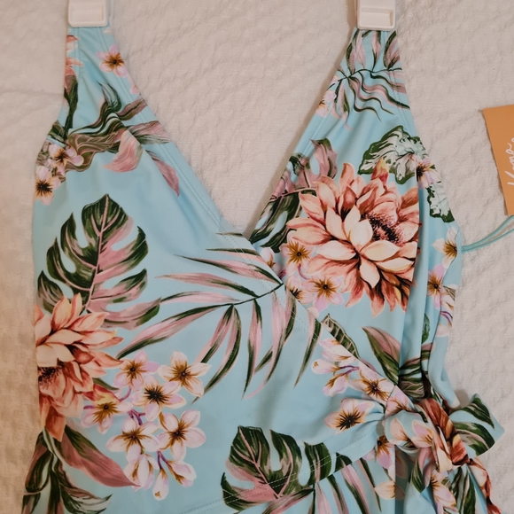 Kona Sol-Wrap-Front High Coverage One Piece Swimsuit,light blue Tropical Print - Picture 4 of 11